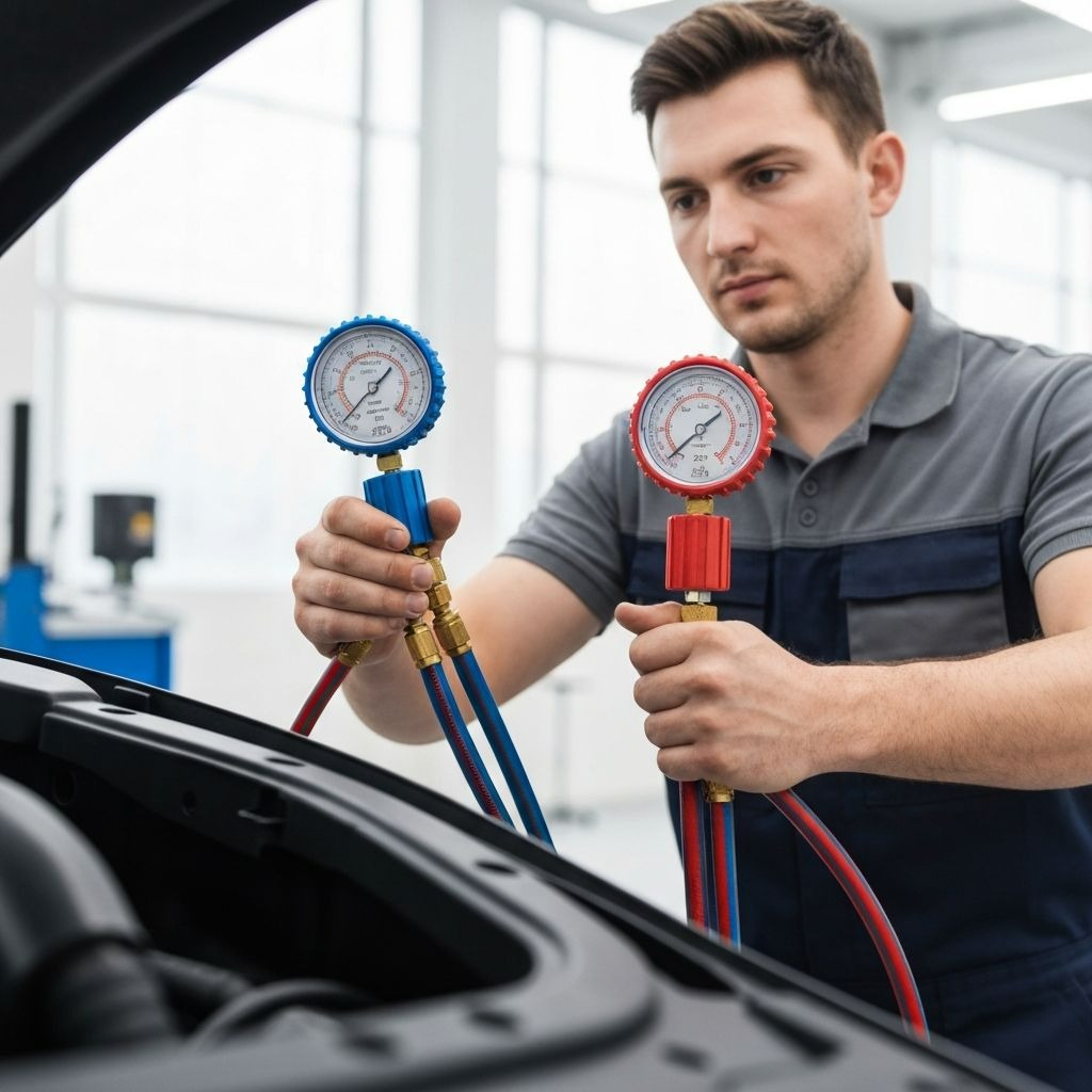 فني يستخدم عدادات تعبئة فريون لمكيف سيارة